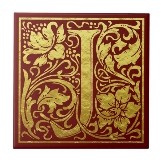 Letter J First Letter Faux Gold Red Tegeltje (Voorkant)