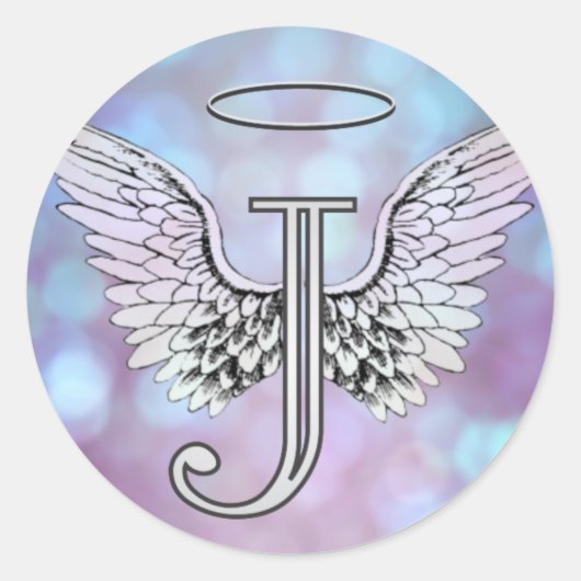 Letter J Initiaal Monogram Angel Wings & Halo Ronde Sticker (Voorkant)