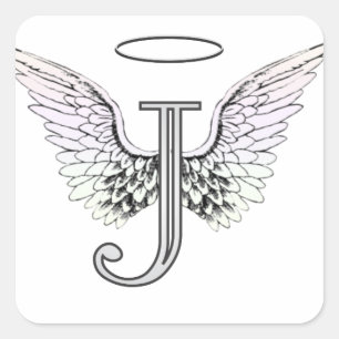 Letter J Initiaal Monogram met Angel Wings & Halo Vierkante Sticker