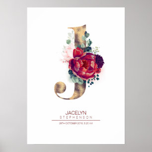 Letter J Monogram Bloemendecor Burgundyrood en Gou Poster