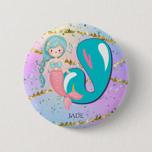Letter J Monogram Waterverf Cute Mermaid Nursery Ronde Button 5,7 Cm