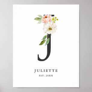 Letter J Monogram Waterverf Peach Florals Nursery Poster