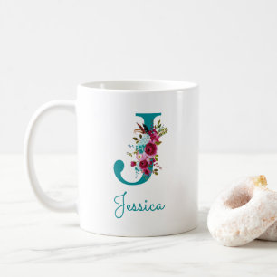 Letter J Turquoise Roze Bloem Koffiemok