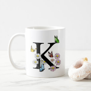 Letter K Bloemige Watercolor Vlinder Monogram Koffiemok