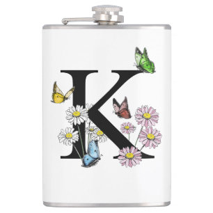 Letter K Bloemrijke Waterverf Vlinder Monogram Heupfles