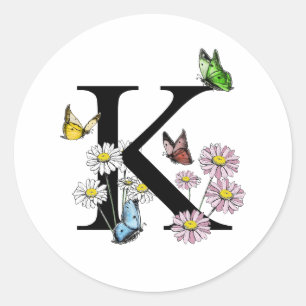 Letter K Bloemrijke Waterverf Vlinder Monogram Ronde Sticker