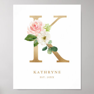 Letter K Blush Floral Monogram Gold Foil Nursery Poster