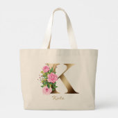 Letter K Elegante Bloemrijke Gouden Monogram Roze Grote Tote Bag (Achterkant)