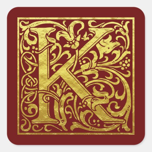 Letter K First Letter Faux Gold Red Vierkante Sticker (Voorkant)
