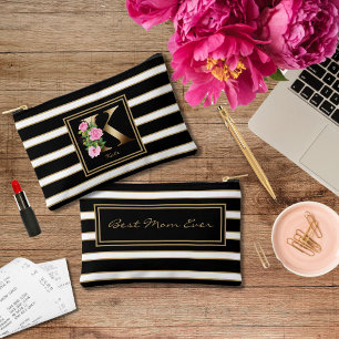 Letter K Floral Monogram Zwart Wit Goud Strepen Etui