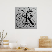 Letter K, Gothic Monogram Black Poster (Keuken)