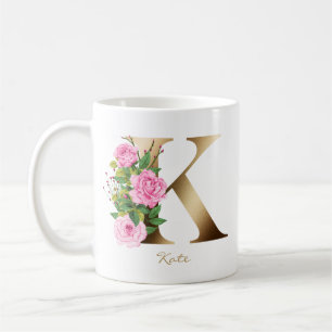 Letter K goud monogram Rozen Bloemen Koffiemok