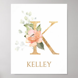 Letter K Monogram Roze Peach roos Nursery Poster