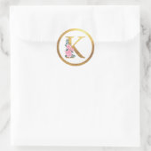 Letter K Monogram Roze Rozen Bloemen & Elegant Gou Ronde Sticker (Tas)
