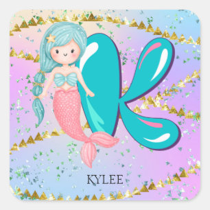 Letter K Monogram Waterverf Cute Mermaid Nursery Vierkante Sticker
