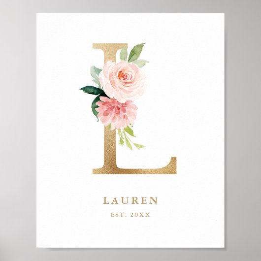 Letter L Blush Floral Monogram Gold Foil Nursery Poster (Voorkant)