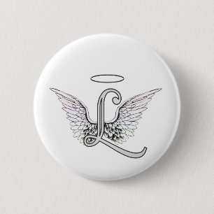 Letter L Initiaal Monogram met Angel Wings & Halo Ronde Button 5,7 Cm
