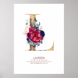 Letter L Monogram Bloemen Navyblauw en Burgundyroo Poster