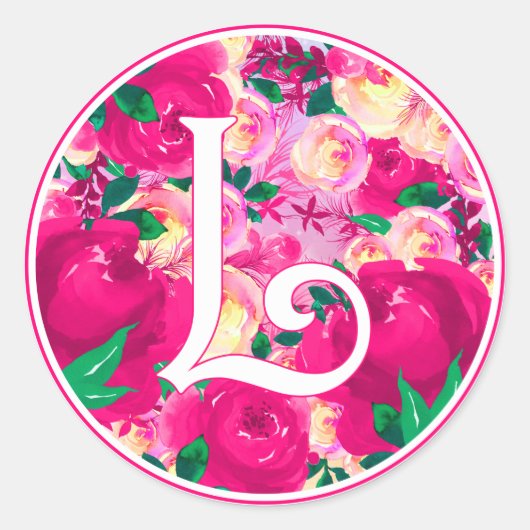 Letter L Roze Waterverf Bloemencirkel Monogram Ronde Sticker (Voorkant)