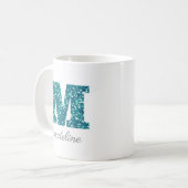 Letter M Aqua Blue Glitter Gepersonaliseerde mok (Voorkant links)