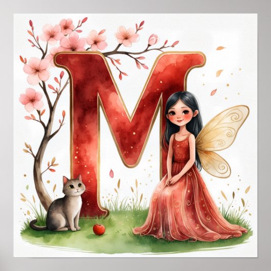 Letter M Cat Fairy Poster Feline Pet Alphabet Art (Devant)