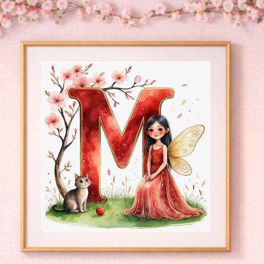 Letter M Cat Fairy Poster Feline Pet Alphabet Art
