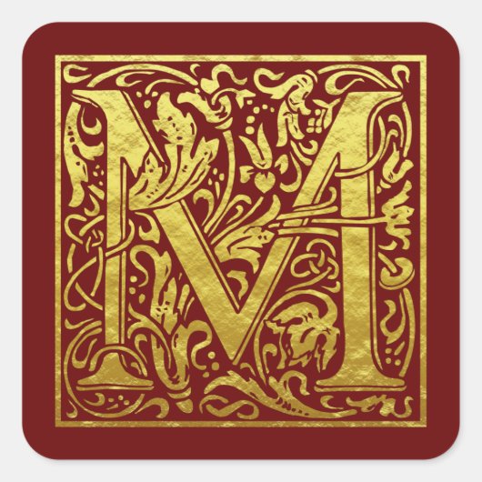 Letter M First Letter Faux Gold Red Vierkante Sticker (Voorkant)