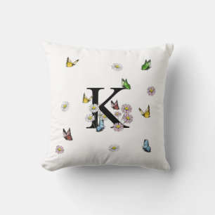 Letter M Floral Butterfly Monogram Initiaal Throw Kussen