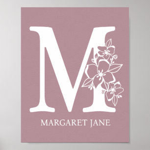 Letter M Floral Monogram Name Nursery Modern Poster