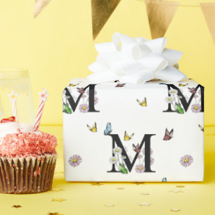 Letter M Floral Waterverf Butterfly Monogram Cadeaupapier