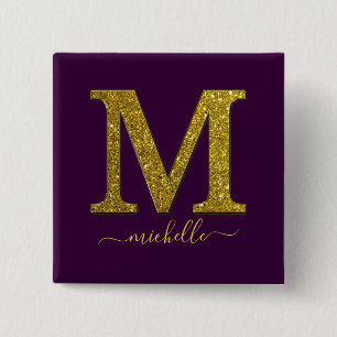 Letter M glitter Vierkante Button 5,1 Cm
