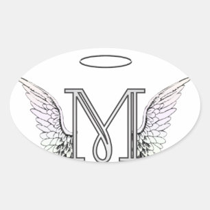 Letter M Initiaal Monogram met Angel Wings & Halo Ovale Sticker