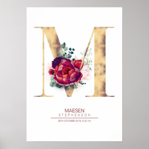 Letter M Monogram Bloem Burgundyrood en Goud Poster