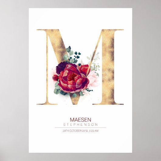 Letter M Monogram Bloemendecoratie Burgundyrood en Poster (Voorkant)