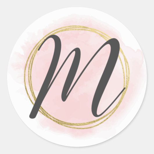 Letter M Monogram Blush Roze Waterverf Goud Chic Ronde Sticker (Voorkant)