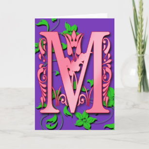 Letter M Monogram Initiaal op roze Paarse kaarten Notitiekaartje