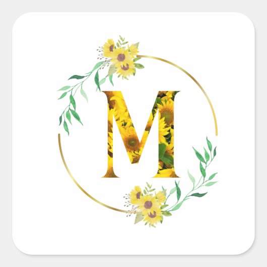 Letter M Zonnebloempatroon Vierkante Sticker (Voorkant)