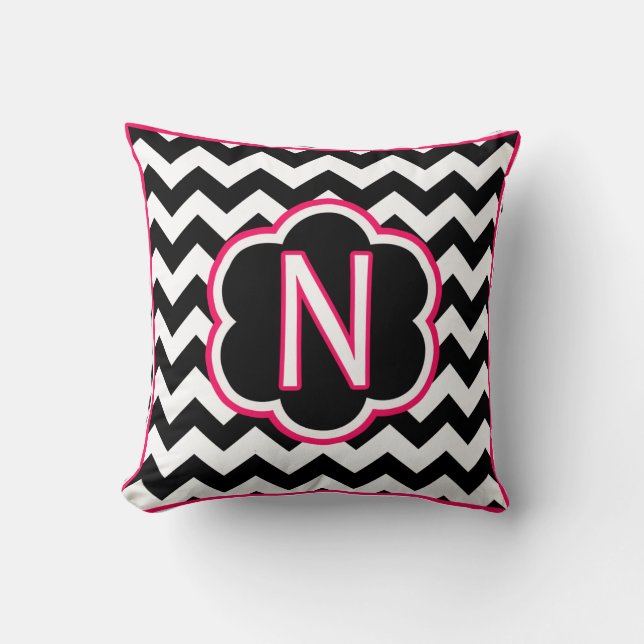 Letter N Black en White Chevron Monogram Kussen (Voorkant)