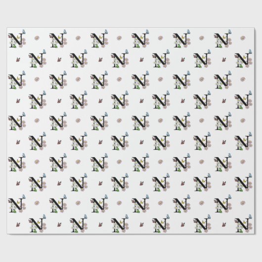 Letter N Bloemrijke Waterverf Vlinder Monogram   Cadeaupapier (Vlak)