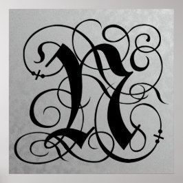 Letter N, Gothic Monogram Black Poster