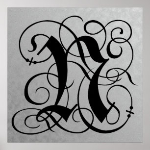 Letter N, Gothic Monogram Black Poster