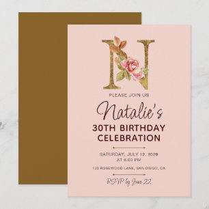Letter N Gouden Monogram Roze Rozen Kaart