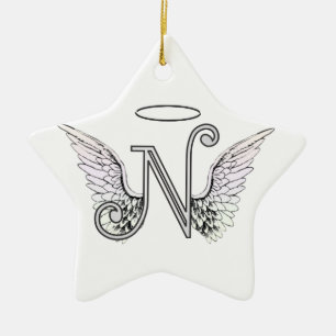 Letter N Initiaal Monogram met Angel Wings & Halo Keramisch Ornament