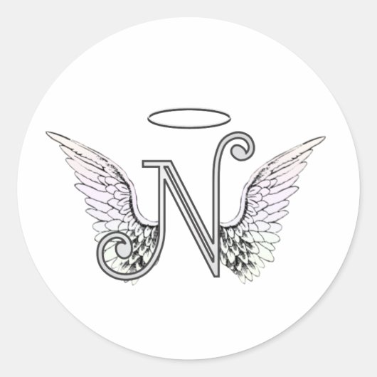 Letter N Initiaal Monogram met Angel Wings & Halo Ronde Sticker (Voorkant)