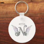 Letter N Initiaal Monogram met Angel Wings & Halo Sleutelhanger (Voorkant)