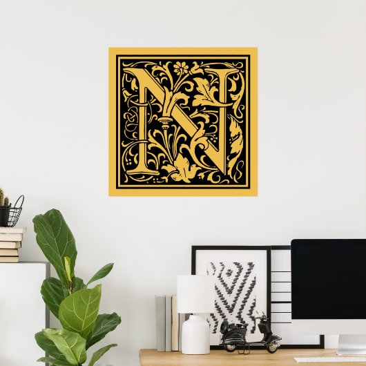Letter N Medieval Monogram  Initiaal Poster (Thuiskantoor)