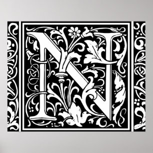 Letter N Medieval Monogram Initiaal Poster