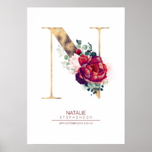 Letter N Monogram Bloem Burgundyrood en Goud Poster