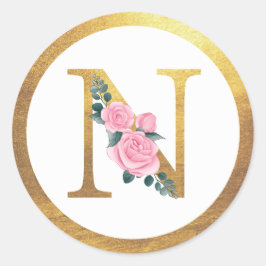 Letter N Monogram Roze Rozen Bloemen & Elegant Gou Ronde Sticker