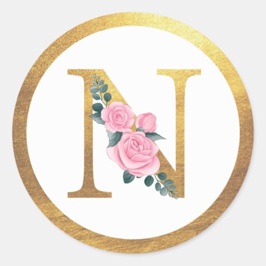 Letter N Monogram Roze Rozen Bloemen & Elegant Gou Ronde Sticker (Voorkant)